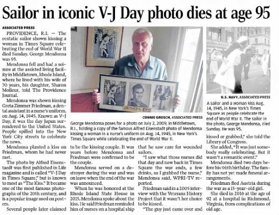 Sailor in iconic V-J Day photo dies at 95